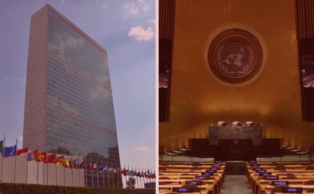 Batiment exterieur de l'ONU et assemblée générale de l'ONU