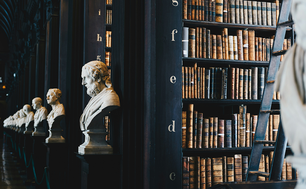 bustes de statues dans une bibliothèque