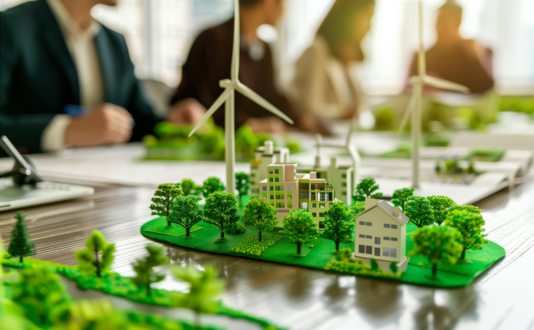 Maquette urbanisme de couleur verte avec des personnes dans le fond assis autour d'un table